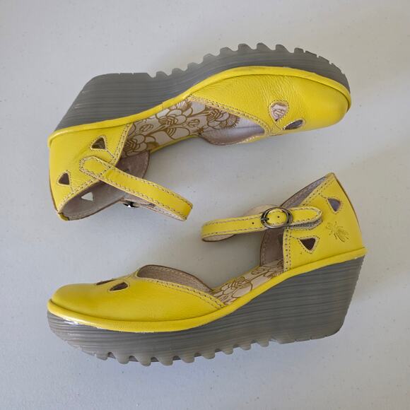 Fly London Yellow Leather Mary Jane Wedge Shoes Women Size 41 Comfort Cutout - Picture 12 of 15